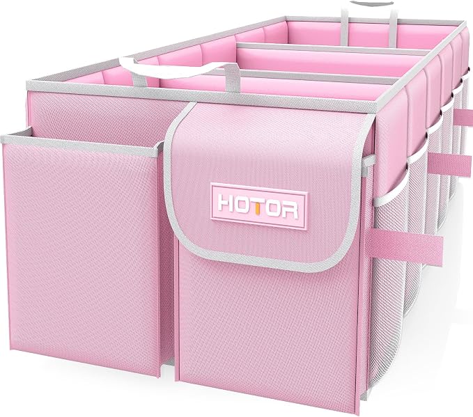 HOTOR Trunk Organizer - Foldable Car Organizer for SUVs & Sedans Storage | Sturdy Car Organization for Men & Women, Car Accessories, Tools, Sundries, Pink, 3 Compartments, 31.9" x 12.6" x 10.6" by HOTOR