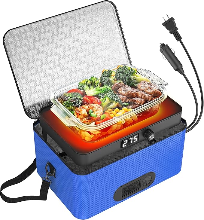 Portable Oven, 12V 24V 110V-240V Car Food Warmer Portable Personal Mini Oven Electric Heated Lunch Box for Meals Reheating & Raw Food Cooking for Road Trip/Camping/Picnic/Family Gathering(Blue) by ROTTOGOON