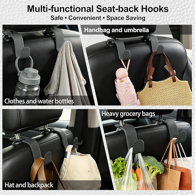 Car Seat Headrest Hook Heavy Duty 55lb Metal Hanger with Leather for Bags | Universal Vehicle Seat Back Organizer, Ergonomic Design, Hang Groceries Handbag Backpack Water Bottle, 2 Pack Gray - Image 2