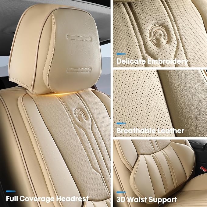 AOOG Car Seat Covers Custom Fit for Ford F150 2009-2026, Faux Leather Seat Cover Set for 2017-2026 F250 F350 F450, Accomodating Regular Cab Super Cab Super Crew Pickup Truck Cushions(Beige, Full Set) - Image 3