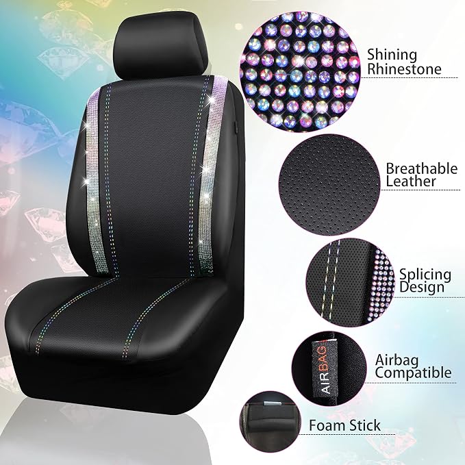 CAR PASS Leather Bling Diamond Car Seat Covers 2 Front Interior Sets, Waterproof Universal Shining Glitter Crystal Sparkle Fit for 95% Auto Truck SUV Cute Women Girl, Black Multicolor Rhinestone - Image 3