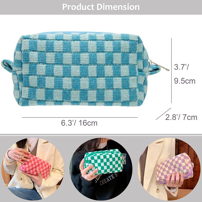 Checkered Makeup Bag for Purse, Small Cosmetic Pouch,Lake Blue,2 Pack | Cute Zipper Makeup Organizer for Women, Travel Essentials, Toiletries, Makeup Brushes, Beauty Accessories&Bridesmaid Gifts - Image 2