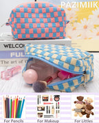 Checkered Makeup Bag for Purse, Small Cosmetic Pouch,Blue Beige,2 Pack | Cute Zipper Makeup Organizer for Women, Travel Essentials, Toiletries, Makeup Brushes, Beauty Accessories&Bridesmaid Gifts - Image 4