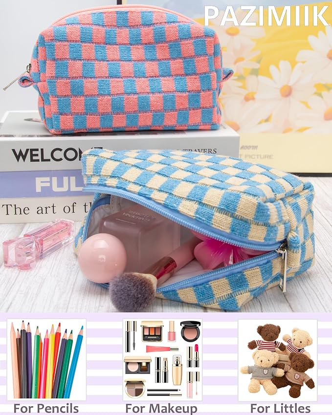 Checkered Makeup Bag for Purse, Small Cosmetic Pouch,Blue Beige,2 Pack | Cute Zipper Makeup Organizer for Women, Travel Essentials, Toiletries, Makeup Brushes, Beauty Accessories&Bridesmaid Gifts - Image 4