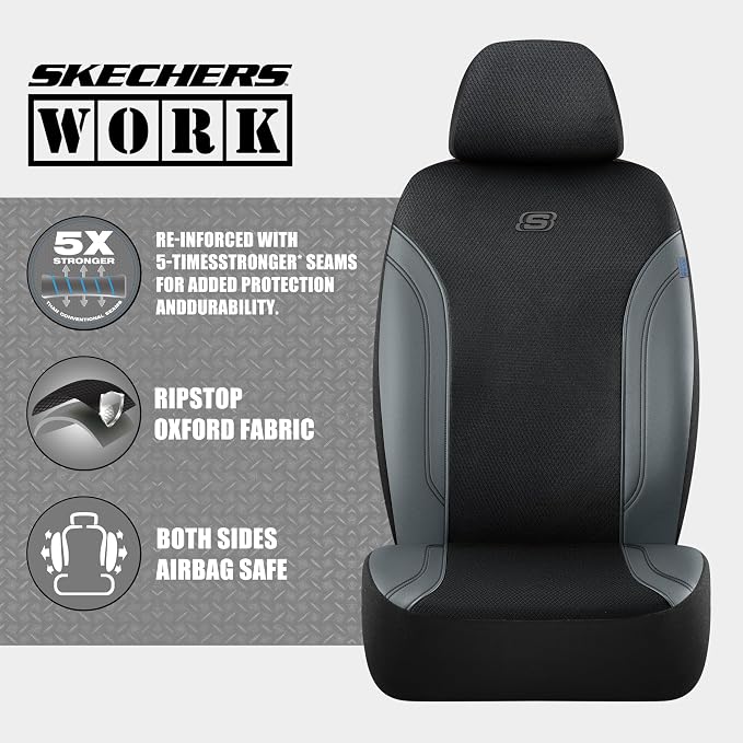 Skechers Car Seat Covers, Work Leather Seat Covers 5-Times Stronger Built-in Webbing, Oxford Fabric Seat Cover Full Sets, Airbag Compatible, Automotive Comfort for Cars, Trucks, SUVs,Grey - Image 2
