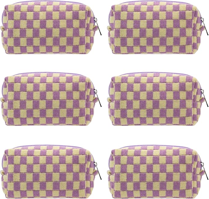 Checkered Makeup Bag for Purse, Small Travel Cosmetic Pouch,Purple,6 Pack | Cute Zipper Makeup Organizer for Women, Travel Essentials, Toiletries, Makeup Brushes, Beauty Accessories&Bridesmaid Gifts by PAZIMIIK