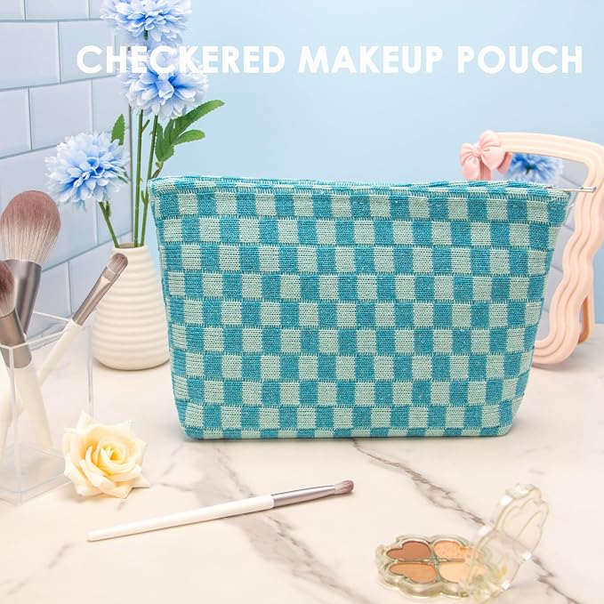 Checkered Makeup Bag for Purse, Small Flat Cosmetic Pouch,Lake Blue | Cute Zipper Makeup Organizer for Women, Travel Essentials, Toiletries, Makeup Brushes, Beauty Accessories&Bridesmaid Gifts - Image 2