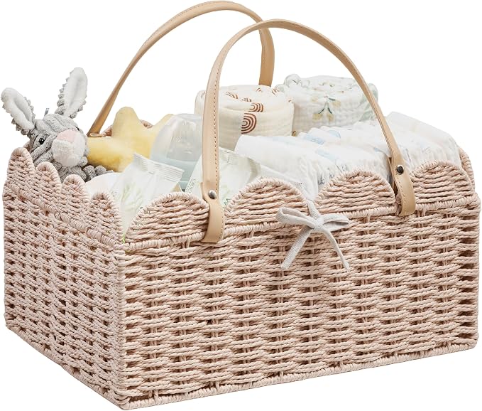Angelhood Paper Rope Diaper Caddy, Scalloped Baskets with Removable Divider | Woven Floral Baby Diaper Organizer for Changing Table,Baby Shower Gifts,Portable Car Organizer for Diapers by Angelhood