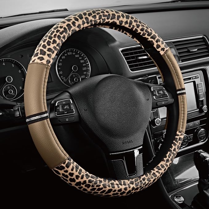 Road Comforts Leopard Steering Wheel Cover for Women, Cute Anti-Slip Microfiber Leather, Universal Fit 14.5-15 Inch Round Steering Wheel - Beige by RoadComforts