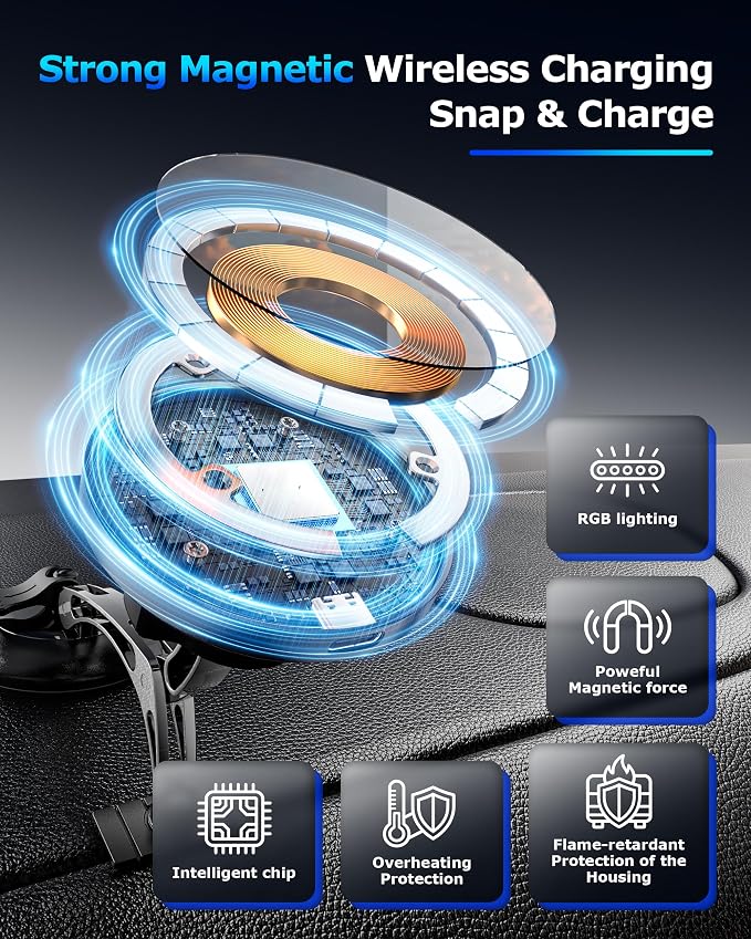 ZBF Magnetic Wireless Charging Car Phone Holder with 15W Fast Charging & Strong Vacuum Suction, 360° Rotatable Dashboard & Windshield Mount for Magsafe iPhone 17/16/15/14/13 Android Galaxy S24/S23/S22 - Image 2