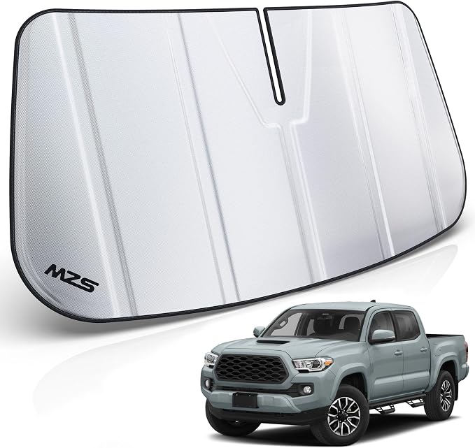 MZS Windshield Sun Shade Compatible with Tacoma 2016-2023 | 6-Layer Heat Insulation, 99% UV Blocking, Keeps Interior Cool, Full Coverage Visor, Foldable Car Window Sunshade, Storage Bag by MZS
