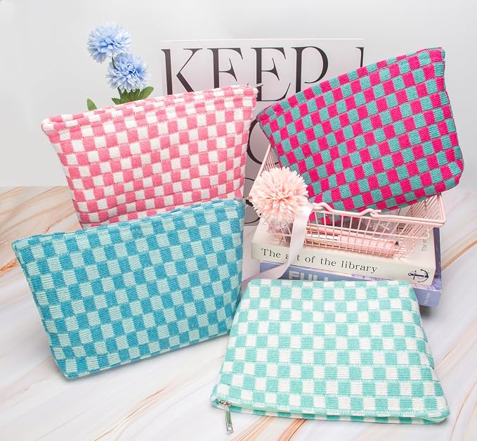 Checkered Makeup Bag for Purse, Small Flat Cosmetic Pouch,Arctic Blue | Cute Zipper Makeup Organizer for Women, Travel Essentials, Toiletries, Makeup Brushes, Beauty Accessories&Bridesmaid Gifts - Image 7