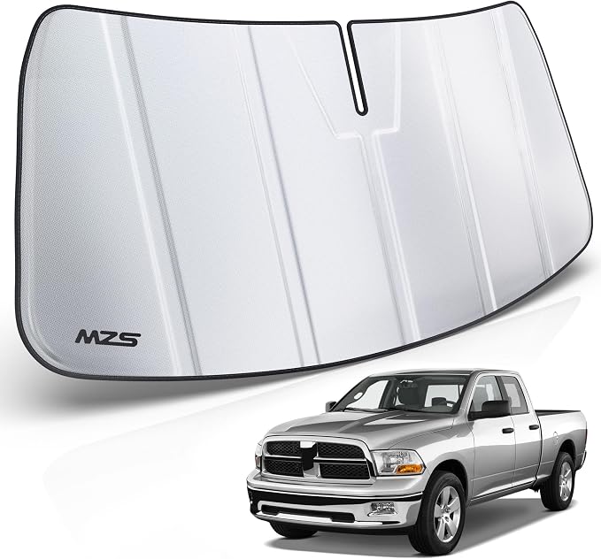 MZS Windshield Sun Shade Compatible with Ram 1500 2002-2008 | 6-Layer Heat Insulation, 99% UV Blocking, Keeps Interior Cool, Full Coverage Visor, Foldable Car Window Sunshade, Storage Bag by MZS