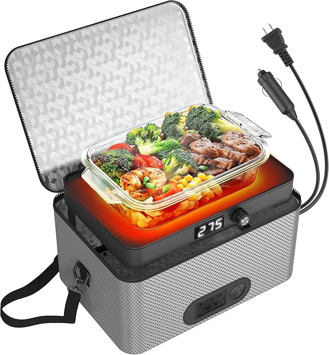 Portable Oven, 12V 24V 110V-240V Car Food Warmer Portable Personal Mini Oven Electric Heated Lunch Box for Meals Reheating & Raw Food Cooking for Road Trip/Camping/Picnic/Family Gathering(Gray) by ROTTOGOON