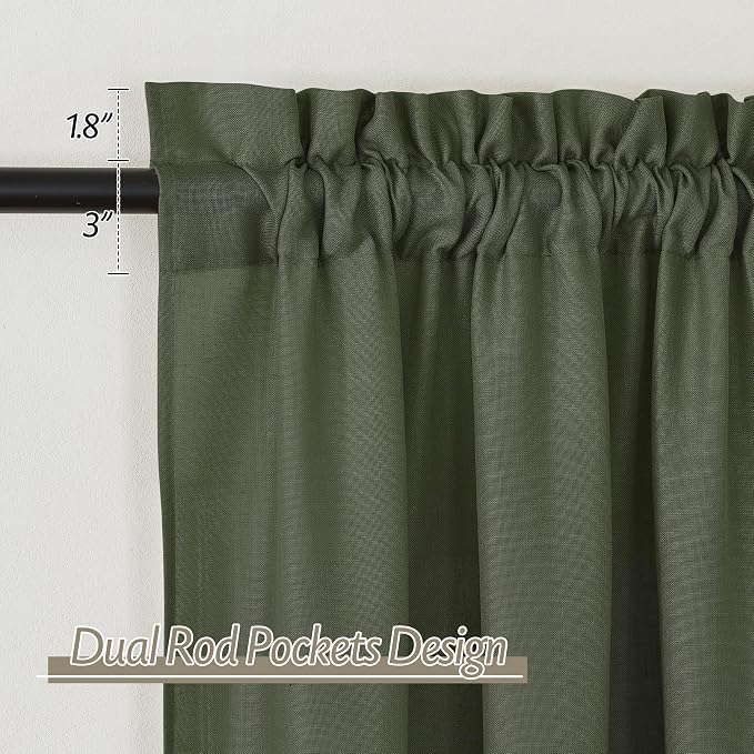 RYB HOME Linen Sheer Curtains 2 Panels for Living Room, Semi Transparent Privacy Drapes with Rod Pocket Farmhouse Style Window Treatments for Bedroom, Olive Green, 52" W x 84" L - Image 2
