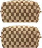 Checkered Makeup Bag for Purse, Small Travel Cosmetic Pouch,Coffee,2 Pack | Cute Zipper Makeup Organizer for Women, Travel Essentials, Toiletries, Makeup Brushes, Beauty Accessories&Bridesmaid Gifts by PAZIMIIK