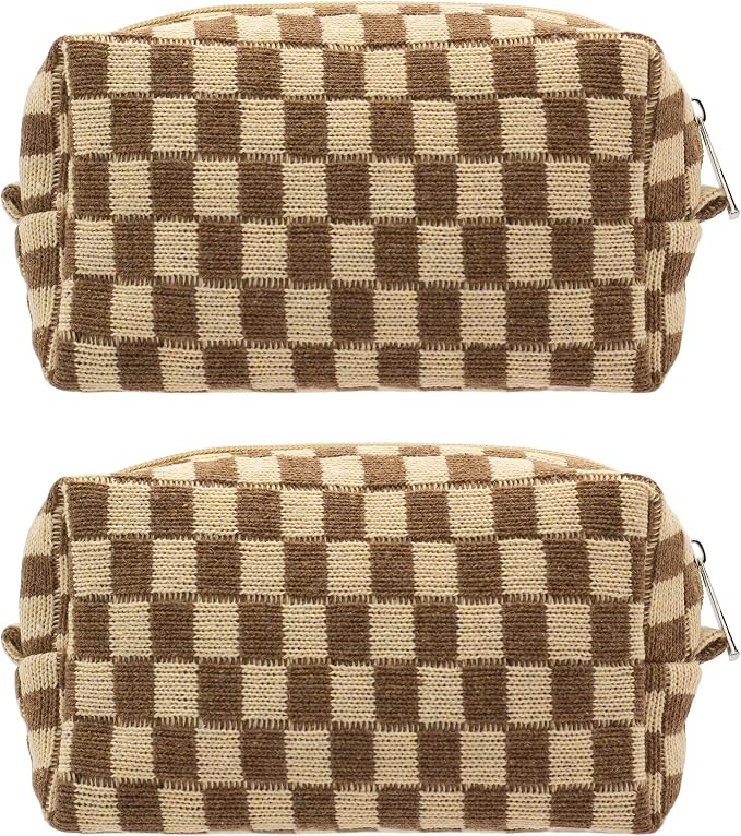Checkered Makeup Bag for Purse, Small Travel Cosmetic Pouch,Coffee,2 Pack | Cute Zipper Makeup Organizer for Women, Travel Essentials, Toiletries, Makeup Brushes, Beauty Accessories&Bridesmaid Gifts by PAZIMIIK