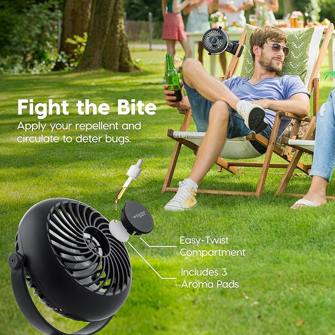 IRIS USA WOOZOO Cordless Portable Clip On Fan, USB-C Rechargeable, Black | LED Light, Mosquito Repellent Tray, 360° Tilt, 3 Speeds, Pet Stroller Car Fan, Camping Golfing Outdoor Use - Image 6