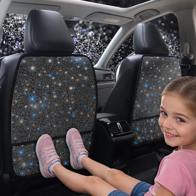 Diamond Bling Car Seat Kick Mats with Storage – Back Seat Protectors with Sparkly Rhinestones for Girls & Women, Crystal Kick Covers for Automotive Interior Accessories Black 2pcs by Pirador