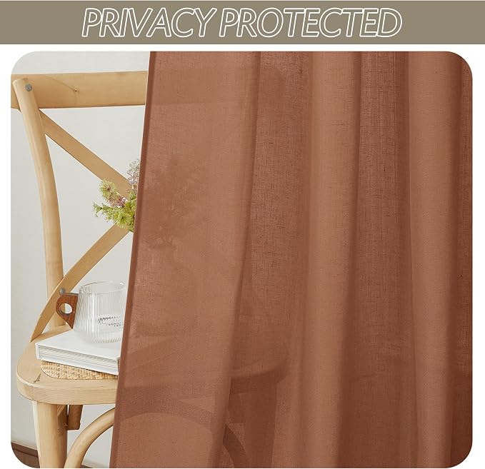 RYB HOME Linen Sheer Curtains 2 Panels for Living Room, Semi Transparent Privacy Drapes with Rod Pocket Farmhouse Style Window Treatments for Bedroom, Brunt Orange, 52" W x 84" L - Image 3