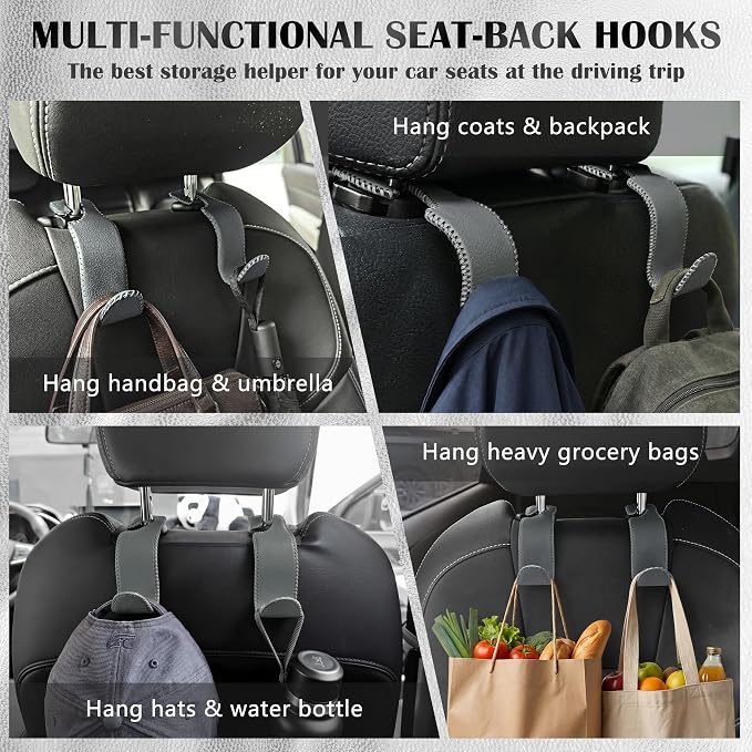 Car Seat Headrest Hook 55lb Heavy Duty Metal Hanger with Leather for Bags | Universal Fit car SUV Truck, Premium Microfiber Leather, Metal Core, Hang Purses Groceries Handbag Backpack, 2 Pack Grey - Image 2