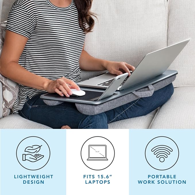 LAPGEAR Home Office Lap Desk – Silver Carbon, Fits 15.6” Laptops | Built-In Mouse Pad & Phone Slot, Integrated Device Ledge, Dual-Bolster Microbead Cushion, Carry Handle - Image 2