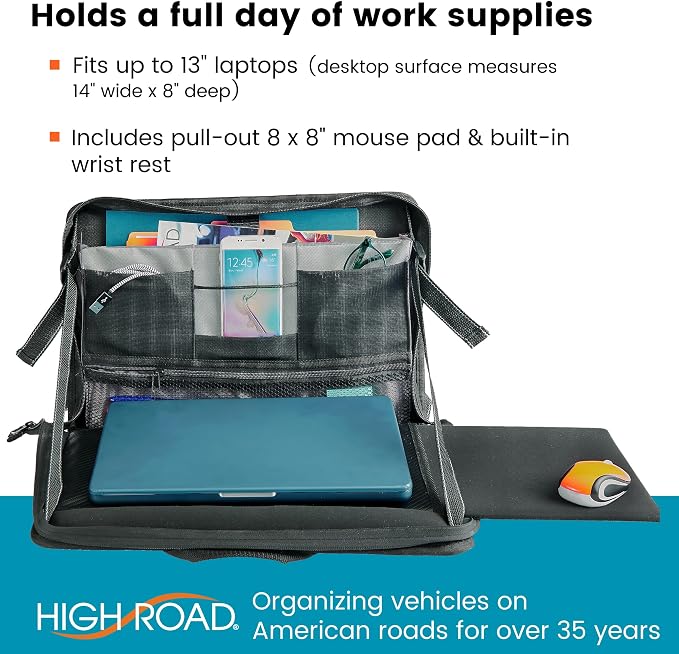High Road Steering Wheel Desk and Laptop Holder for Car, Truck, Van and SUV | Portable Car Office Laptop Case and Desk, with 6 Storage Compartments, Phone Holder, Mouse Tray and Wrist Rest - Image 2