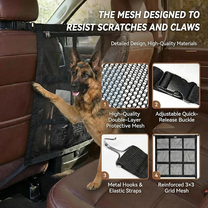 Dog Car Barrier, 9-Grid Reinforced Sturdy Pet Car Divider, Breathable Double-Layer Mesh with Zipper Storage, Easy to Install, Pet Travel Safety Barrier for SUVs, Sedans & Trucks - Image 5