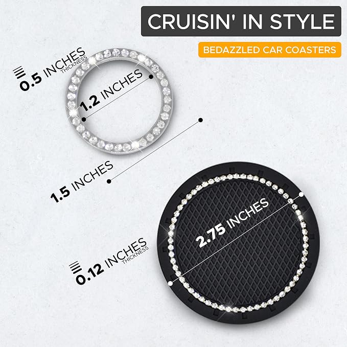 EcoNour Bling Cup Holder Insert (2 Pack) with Push Start Button Ring | (1 Pack) 2.75 Inch Silicone Coaster Pad and 1.5 Inch Ring with Elegant Crystal Rhinestone | Car Interior Accessories (Black) - Image 5