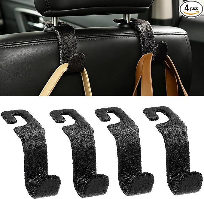 Car Seat Headrest Hook Heavy Duty 55lb Metal Hanger with Leather for Bags | Universal Vehicle Seat Back Organizer, Ergonomic Design, Hang Groceries Handbag Backpack Water Bottle, 4 Pack Black by Amooca