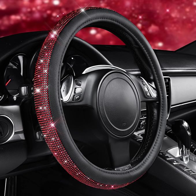 CAR PASS Red Diamond Black Leather Steering Wheel Cover, with Bling Crystal Rhinestones Universal Fit 14" 1/2-15" Crystal Glitter for Women Sparkle Girl Fit Suvs,Vans,Sedans,Cars,Trucks, Red Diamond - Image 2