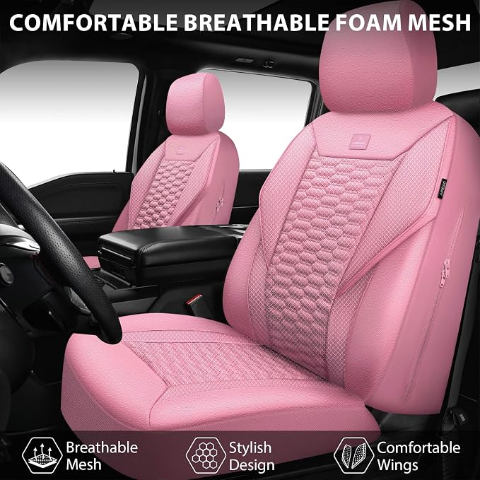 CAR PASS 3D Foam Mesh Leather Car Seat Covers Full Set, Pink Breathable Mesh Faux Leather Seat Covers for Women, Universal Fit for Car SUV Truck Sedan Automotive, Armrest Airbag Compatible, All Pink - Image 2