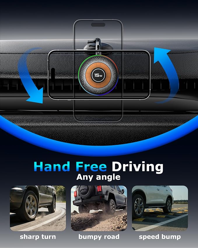 ZBF Magnetic Wireless Charging Car Phone Holder with 15W Fast Charging & Strong Vacuum Suction, 360° Rotatable Dashboard & Windshield Mount for Magsafe iPhone 17/16/15/14/13 Android Galaxy S24/S23/S22 - Image 6