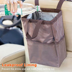 Ginsco New Leak-Proof Travel Trash Bag, Hanging Car Trash Can with Hook and Loop Lid and Handle, Multipurpose Trash Bin with Storage Pockets for Car SUV Truck RV Camping 2 Gallons (Brown) - Image 2