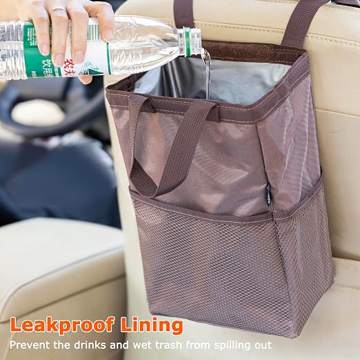 Ginsco New Leak-Proof Travel Trash Bag, Hanging Car Trash Can with Hook and Loop Lid and Handle, Multipurpose Trash Bin with Storage Pockets for Car SUV Truck RV Camping 2 Gallons (Brown) - Image 2