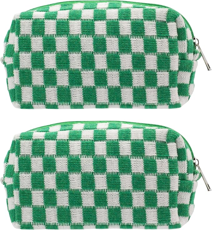 Checkered Makeup Bag for Purse, Small Travel Cosmetic Pouch,Green,2 Pack | Cute Zipper Makeup Organizer for Women, Travel Essentials, Toiletries, Makeup Brushes, Beauty Accessories&Bridesmaid Gifts by PAZIMIIK