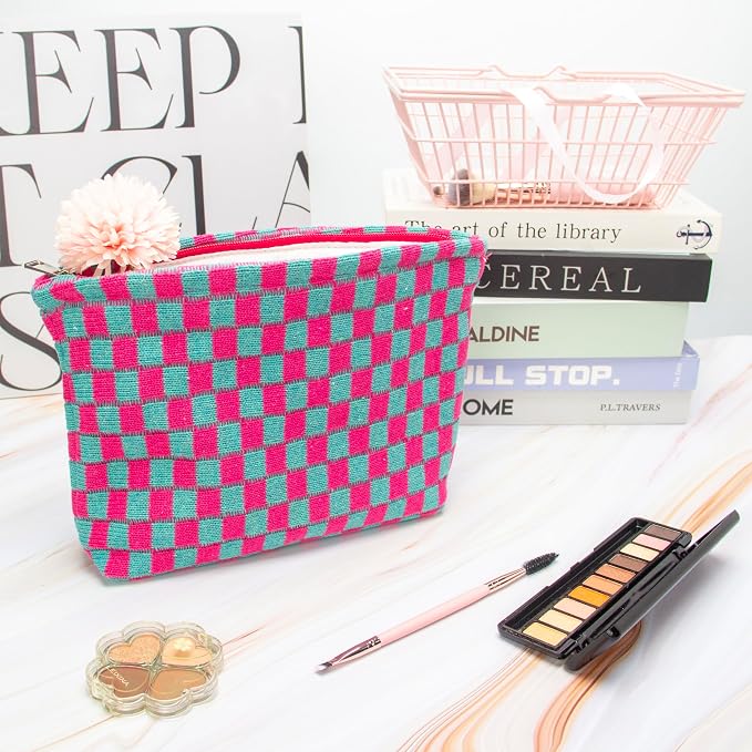 Checkered Makeup Bag for Purse, Small Flat Cosmetic Pouch,Magenta Green | Cute Zipper Makeup Organizer for Women, Travel Essentials, Toiletries, Makeup Brushes, Beauty Accessories&Bridesmaid Gifts - Image 3