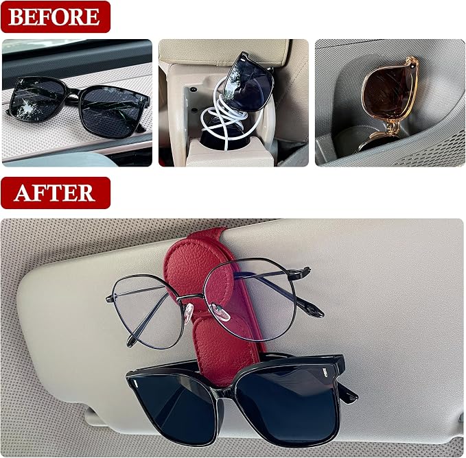 KIWEN Sunglasses Holder for Car Visor, Magnetic Leather Sunglass Eyeglass Hanger Clip for Car Sun Visor Accessories (1, Red) - Image 2