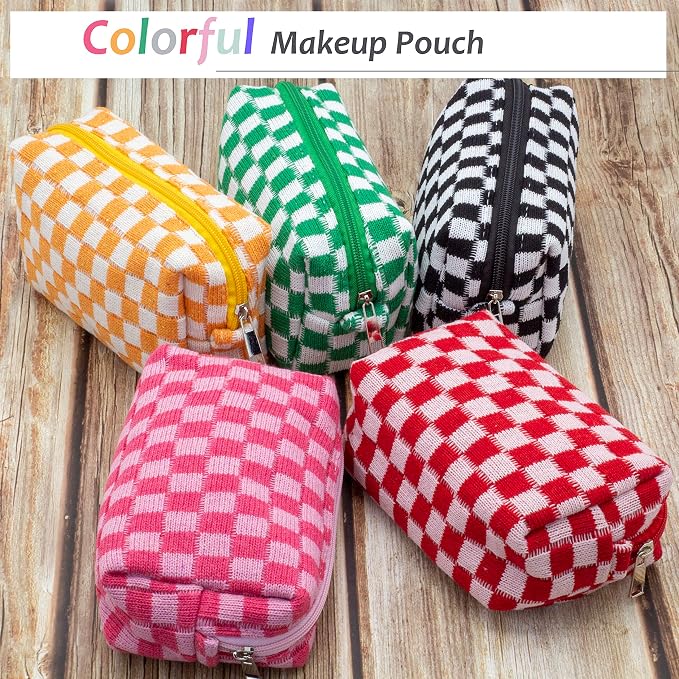 PAZIMIIK Checkered Makeup Bag for Purse Portable Zipper Make Up Pouch Small Cosmetic Case for Travel Accessories (Hotpink) | Cute Zipper Makeup Organizer for Women, Travel Essentials, Toiletries, Makeup Brushes, Beauty Accessories&Bridesmaid Gifts - Image 5