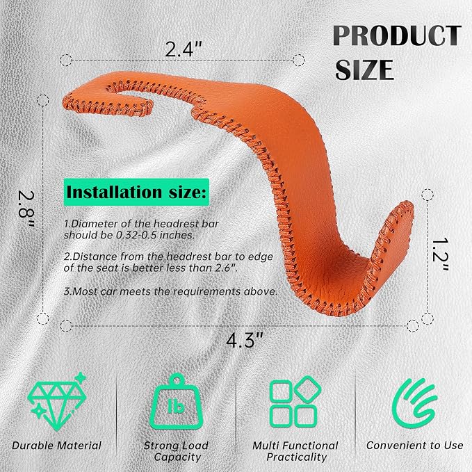Car Seat Headrest Hook 55lb Heavy Duty Metal Hanger with Leather for Bags | Universal Fit car SUV Truck, Premium Microfiber Leather, Metal Core, Hang Purses Groceries Handbag Backpack, 4 Pack Orange - Image 6