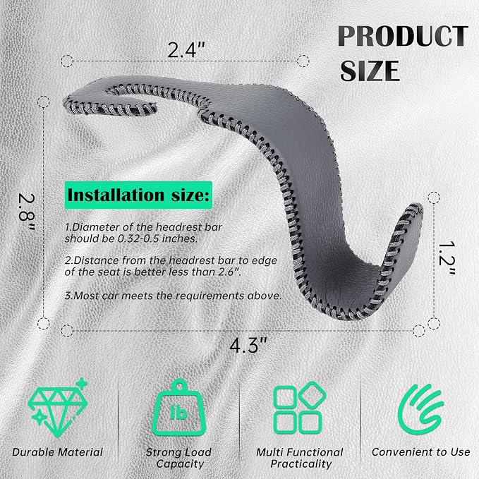 Car Seat Headrest Hook 55lb Heavy Duty Metal Hanger with Leather for Bags | Universal Fit car SUV Truck, Premium Microfiber Leather, Metal Core, Hang Purses Groceries Handbag Backpack, 2 Pack Grey - Image 6