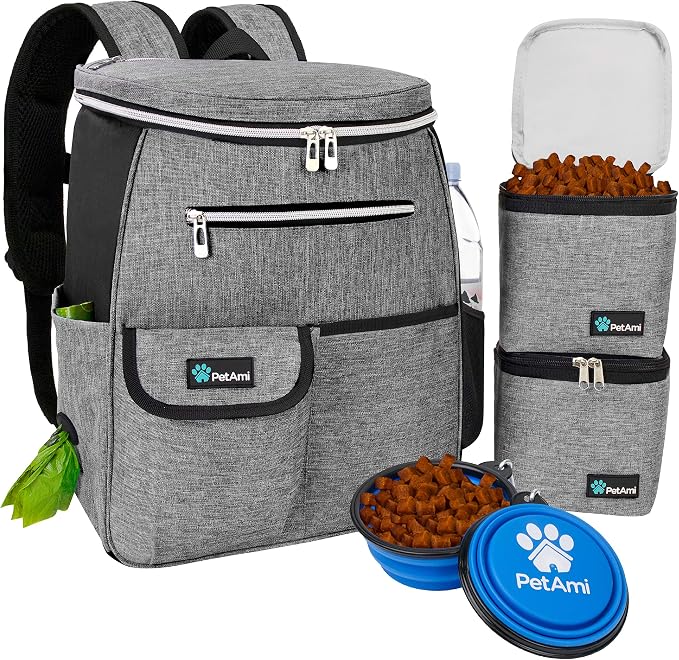 PetAmi Dog Travel Backpack 27L Airline Approved Pet Supplies Bag, Gray | Cat Traveling Suitcase Organizer for Weekend Road Trip Camping; 2 Food Containers, 2 Collapsible Bowls & Poop Bag Dispenser by PetAmi
