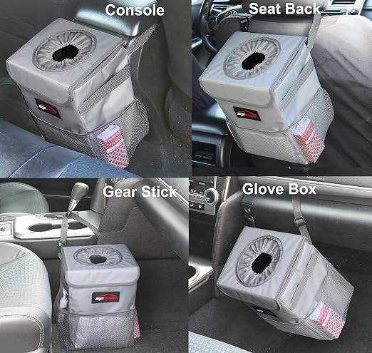 EPAuto Waterproof Car Trash Can with Lid and Pockets, 2.5 Gal, Gray | Leakproof, Collapsible Multipurpose Car Bin with 3 Side Storage Pockets, Adjustable Straps - Image 3