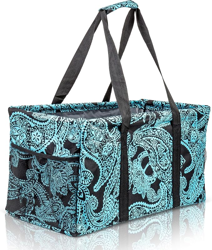 Extra Large Utility Tote Bag - Oversized Collapsible Reusable Wire Frame Rectangular Canvas Basket With Two Exterior Pockets For Beach, Pool, Laundry, Car Trunk, Storage - Paisley Blue by Lucazzi
