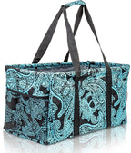 Extra Large Utility Tote Bag - Oversized Collapsible Reusable Wire Frame Rectangular Canvas Basket With Two Exterior Pockets For Beach, Pool, Laundry, Car Trunk, Storage - Paisley Blue by Lucazzi