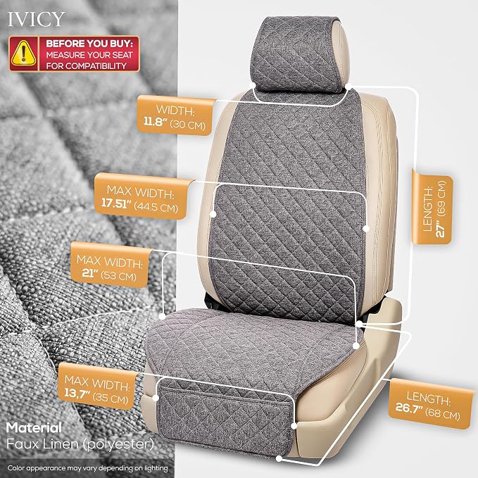 Faux Linen Front Car Seat Cover, Seat Protector, 1 Unit, Cool Gray | Non-Slip Bucket Sear Cover for Most Cars, SUVs, Vans & Trucks – Machine Washable, Side-Airbag Friendly - Image 3