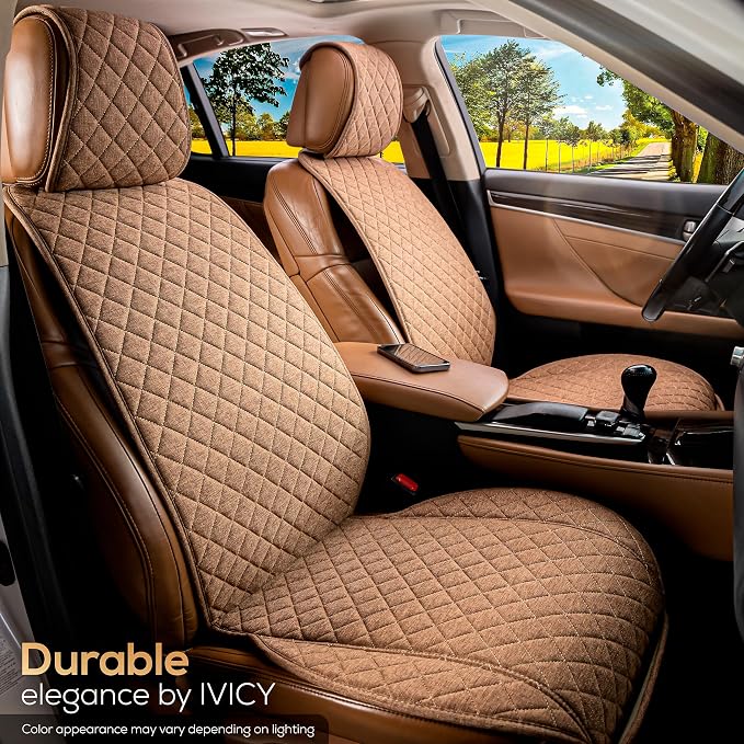 Faux Linen Front Car Seat Cover, Seat Protector, 1 Unit, Light Brown | Non-Slip Bucket Sear Cover for Most Cars, SUVs, Vans & Trucks – Machine Washable, Side-Airbag Friendly - Image 8